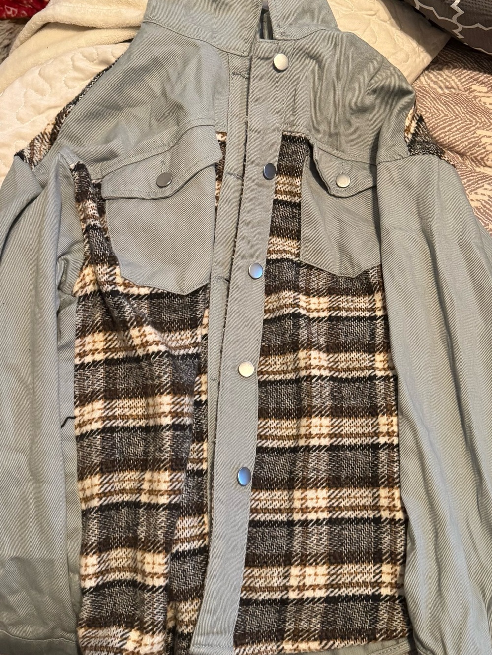 Two-Tone Plaid Jean Jacket -Gray